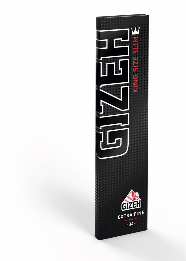 GIZEH Black King Size Slim Blättchen 34 Blatt Packung, Magnetverschluss, seitlich fotografiert