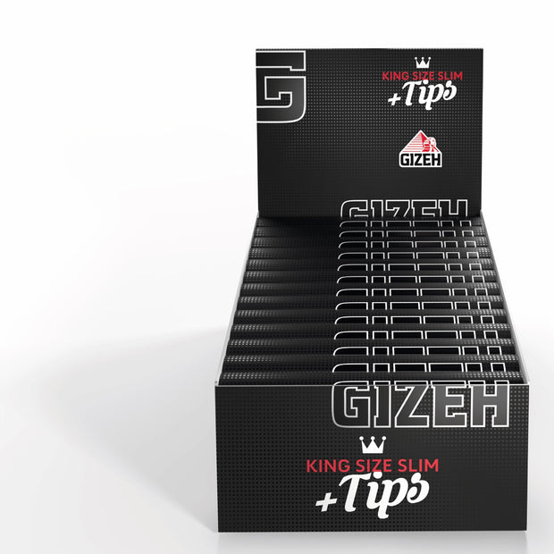 Karton mit 26 Packungen GIZEH Black King Size Slim + Tips Blättchen, Sparpaket, frontal fotografiert