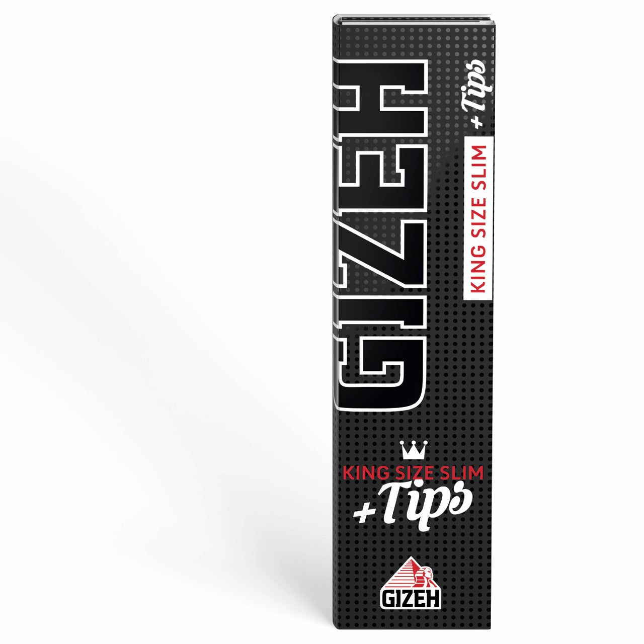 GIZEH Black King Size Slim + Tips Blättchen 34 Blatt Packung mit Filter Tips, frontal fotografiert