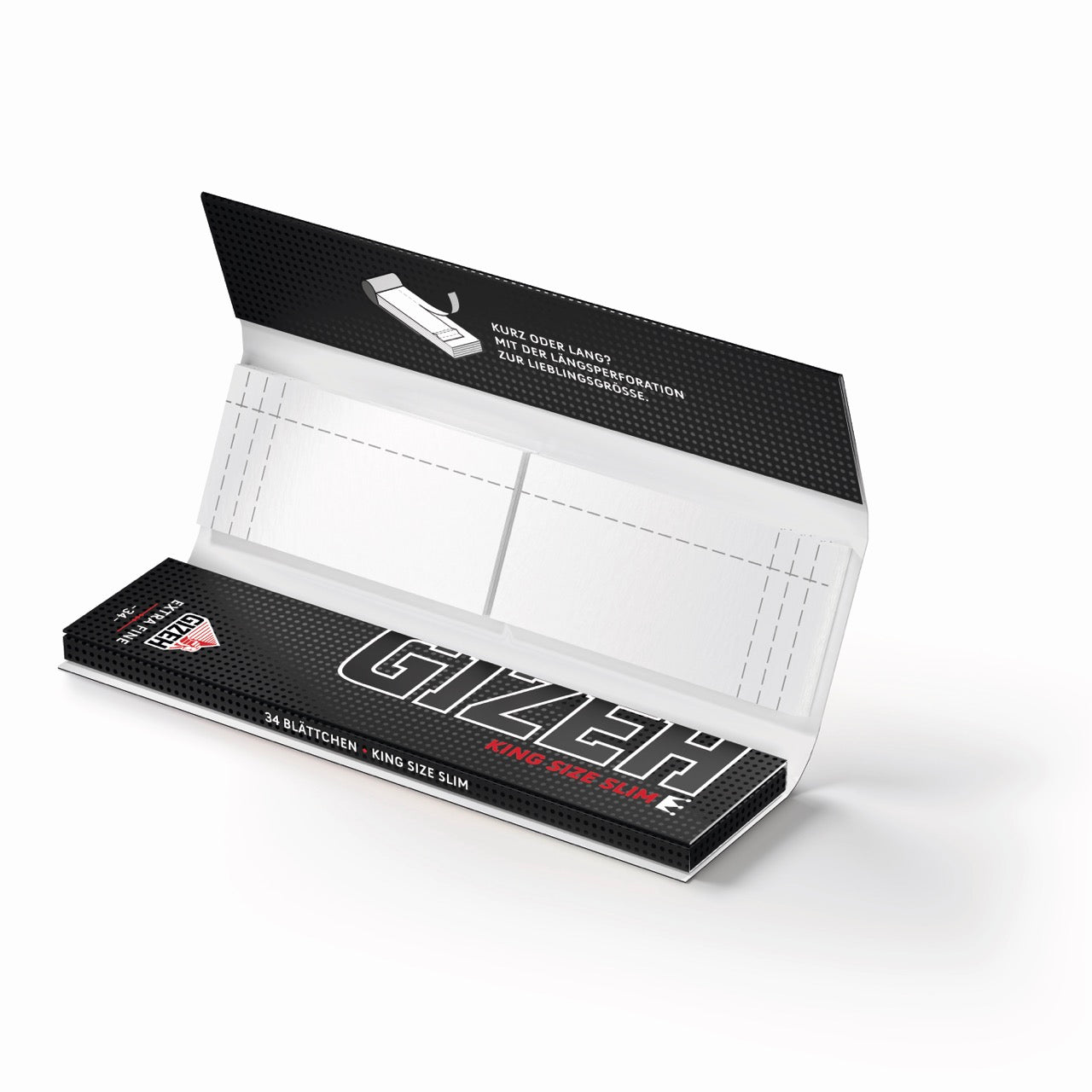 GIZEH Black King Size Slim + Tips Blättchen, geöffnete Packung mit Papers und Filter Tips, fotografiert