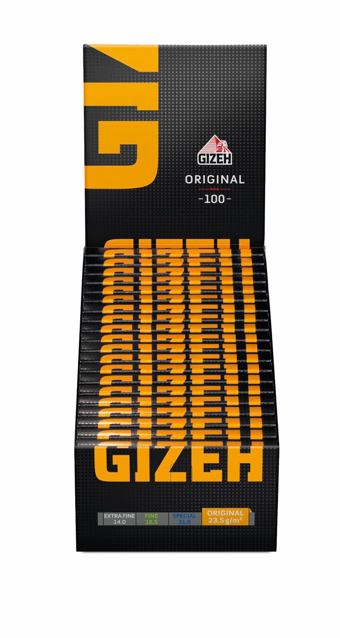 Karton mit 20 x 100er GIZEH Black Original Orange Blättchen Packungen, frontal fotografiert