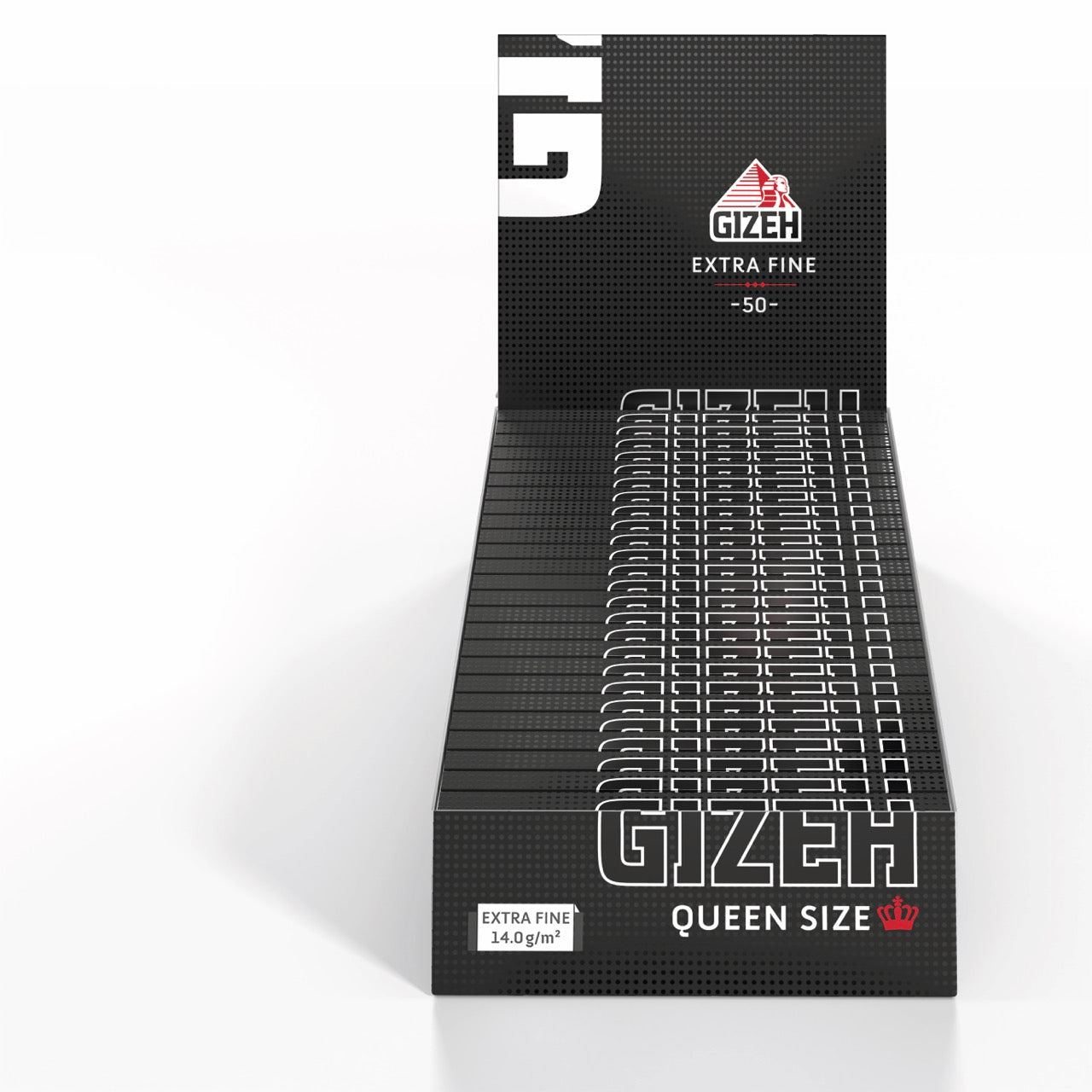 Karton mit 25 Packungen GIZEH Black Queen Size Blättchen Extra Fine, Sparpaket, frontal fotografiert
