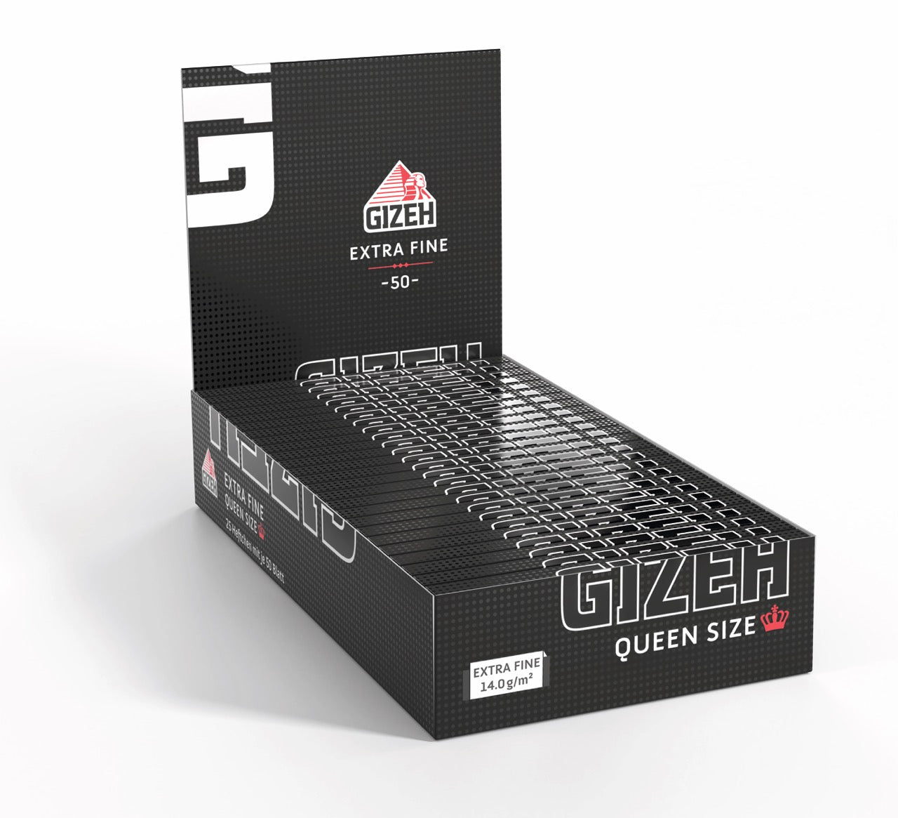Karton mit 25 Packungen GIZEH Black Queen Size Blättchen Extra Fine, Vorrat, seitlich fotografiert