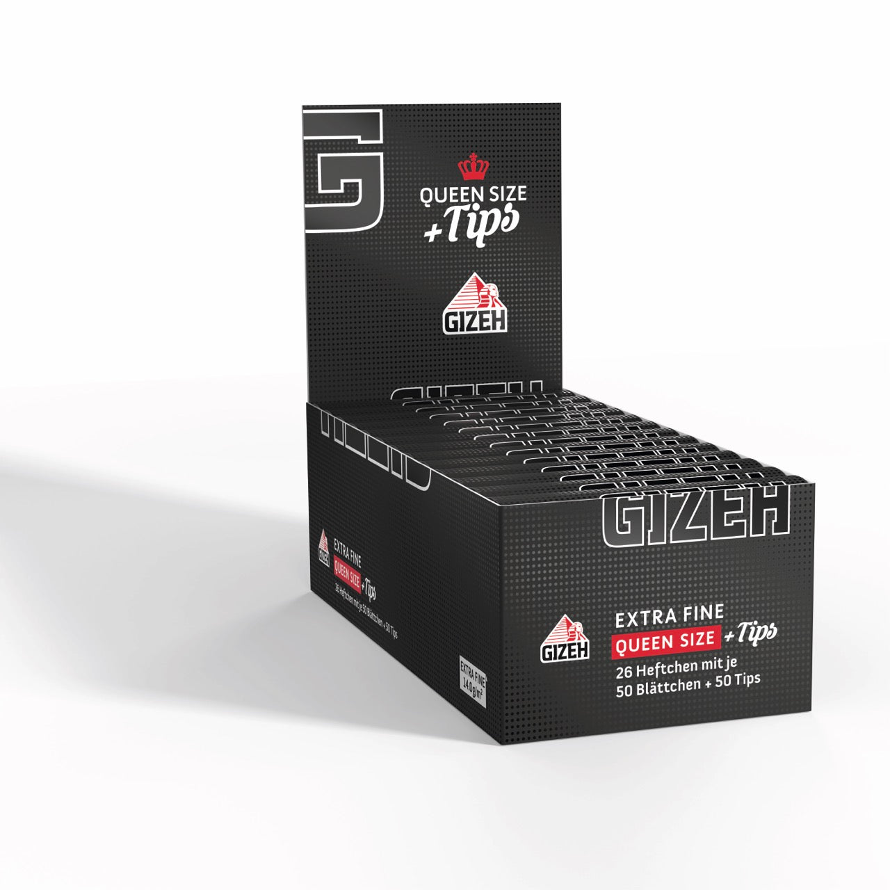 Karton mit 26 Packungen GIZEH Black Queen Size + Tips Blättchen Extra Fine, Vorteil, seitlich fotografiert