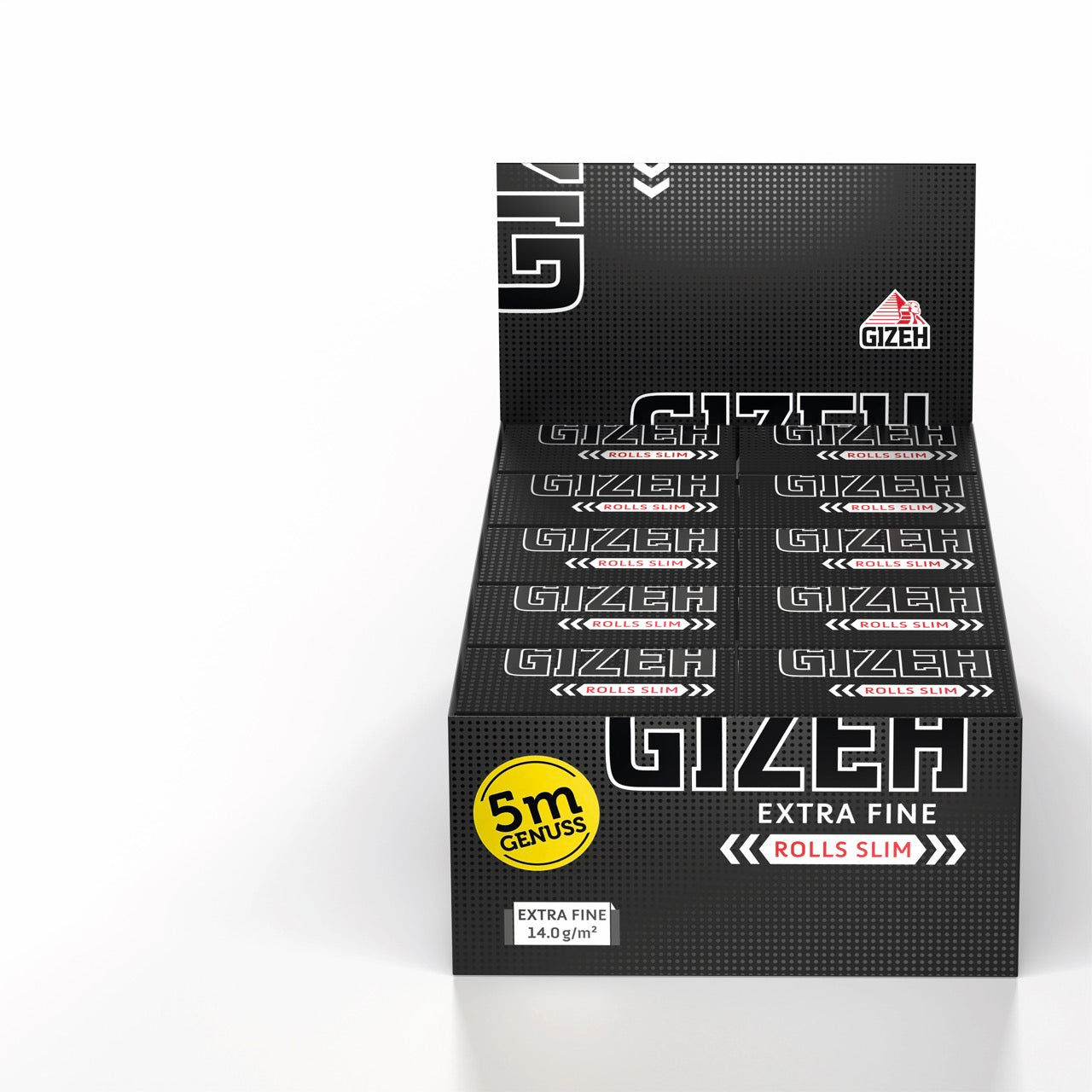Karton mit 20 Packungen GIZEH Black Rolls Slim Blättchen, Sparpaket, frontal fotografiert