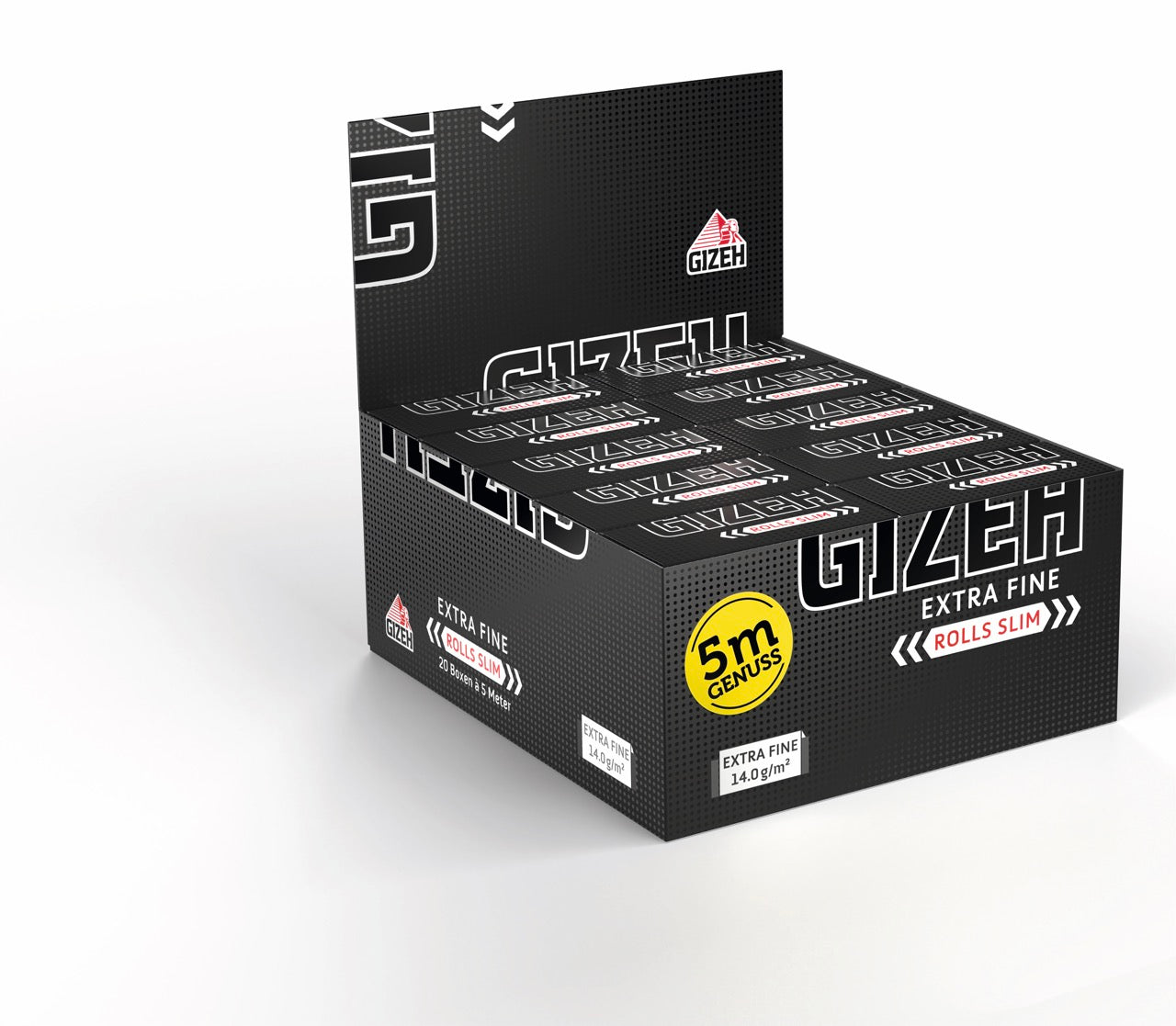 Karton mit 20 Packungen GIZEH Black Rolls Slim Blättchen, Vorteilspaket, seitlich fotografiert