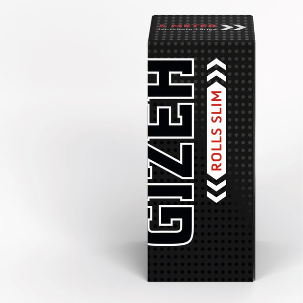 GIZEH Black Rolls Slim Blättchen 5 Meter Packung, Slim Zigarettenpapier, frontal fotografiert