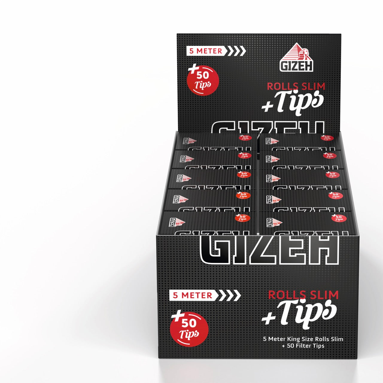 Karton mit 20 Packungen GIZEH Black Rolls Slim + Tips Blättchen, Vorratspaket, frontal fotografiert
