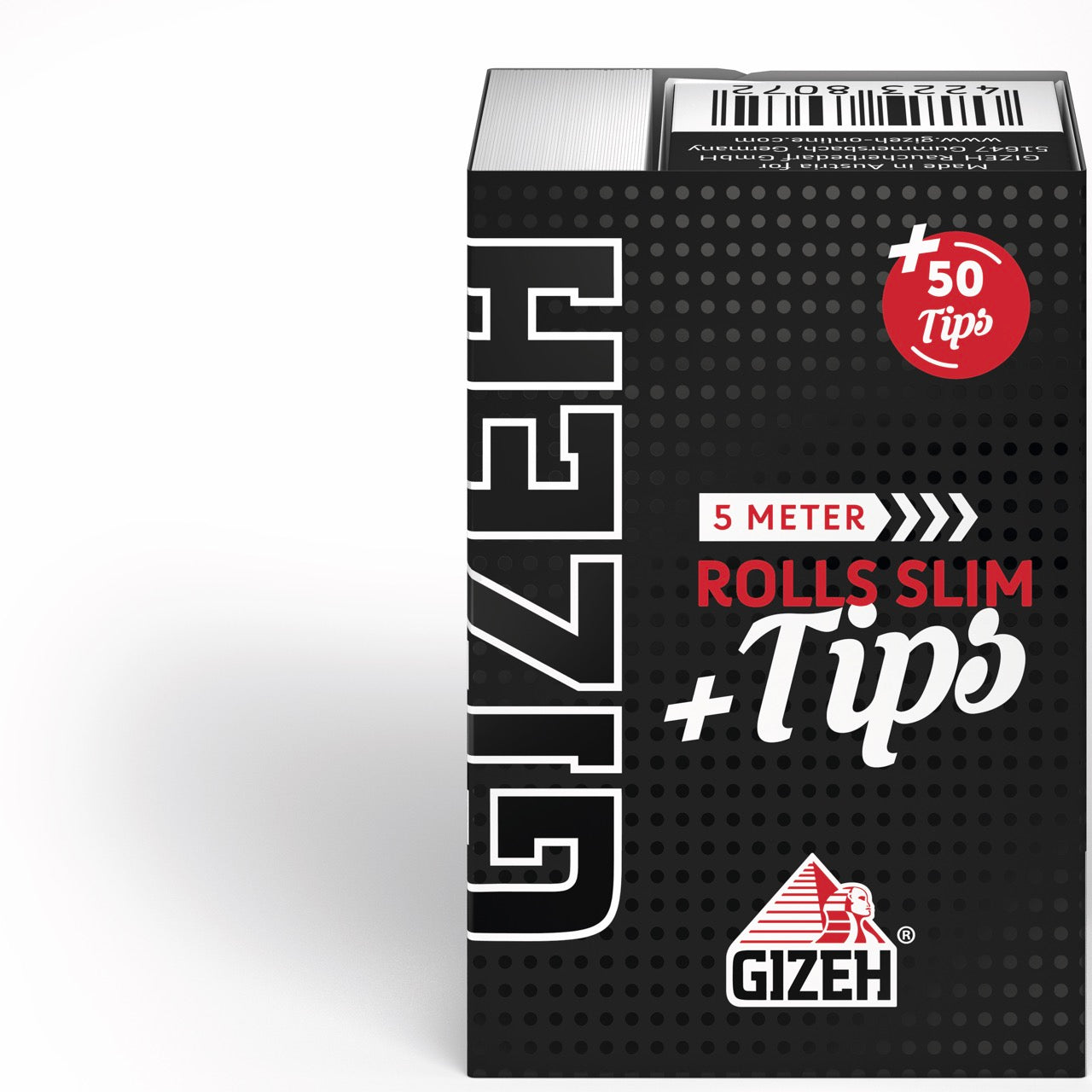 GIZEH Black Rolls Slim + Tips Blättchen 5 Meter Packung mit 50 Filter Tips, frontal fotografiert
