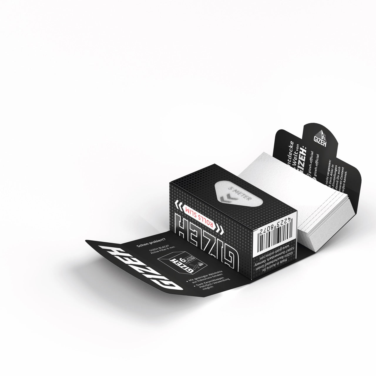 GIZEH Black Rolls Slim + Tips Blättchen, geöffnete Packung mit Rolls und Filter Tips, fotografiert