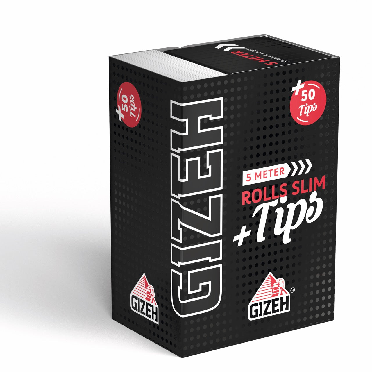 GIZEH Black Rolls Slim + Tips Blättchen 5 Meter Packung, Slim Drehpapier mit Tips, seitlich fotografiert