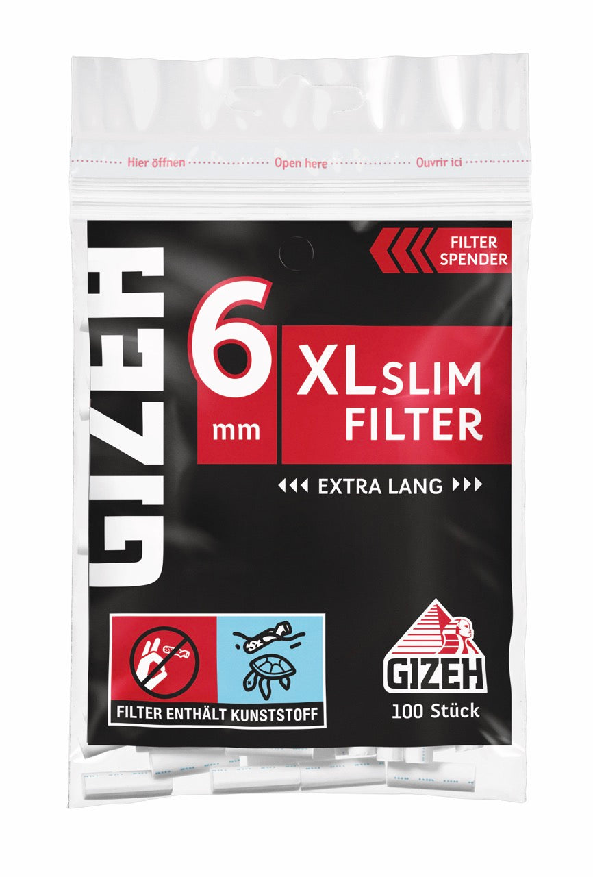 GIZEH Black XL Slim Filter 6mm 100er Beutel frontal fotografiert