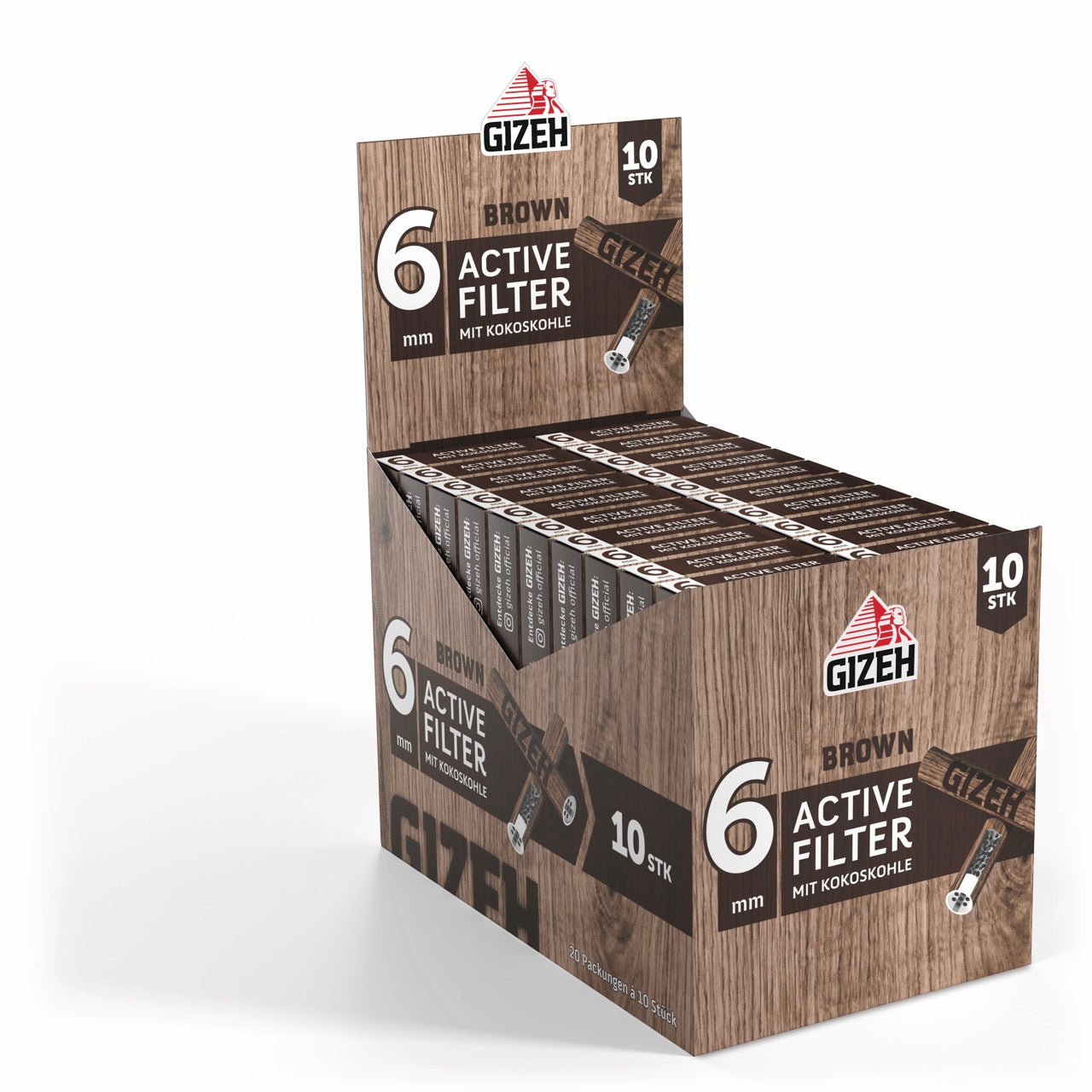 Karton mit 20 x 10er GIZEH Brown Active Filter Packungen seitlich aufgenommen