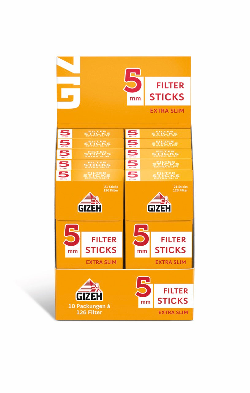 Karton mit 10 x 126er GIZEH Filter Sticks 5mm Packungen, frontal fotografiert