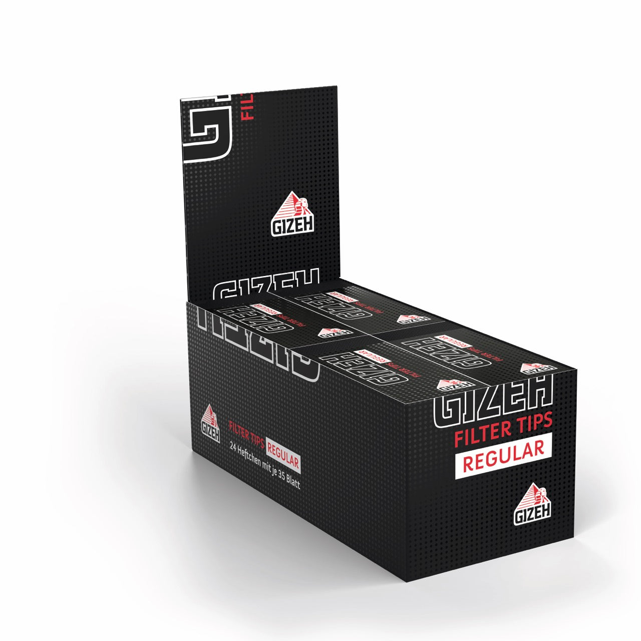 Karton mit 24 x 35er GIZEH Black Filter Tips Regular Packungen, seitlich fotografiert