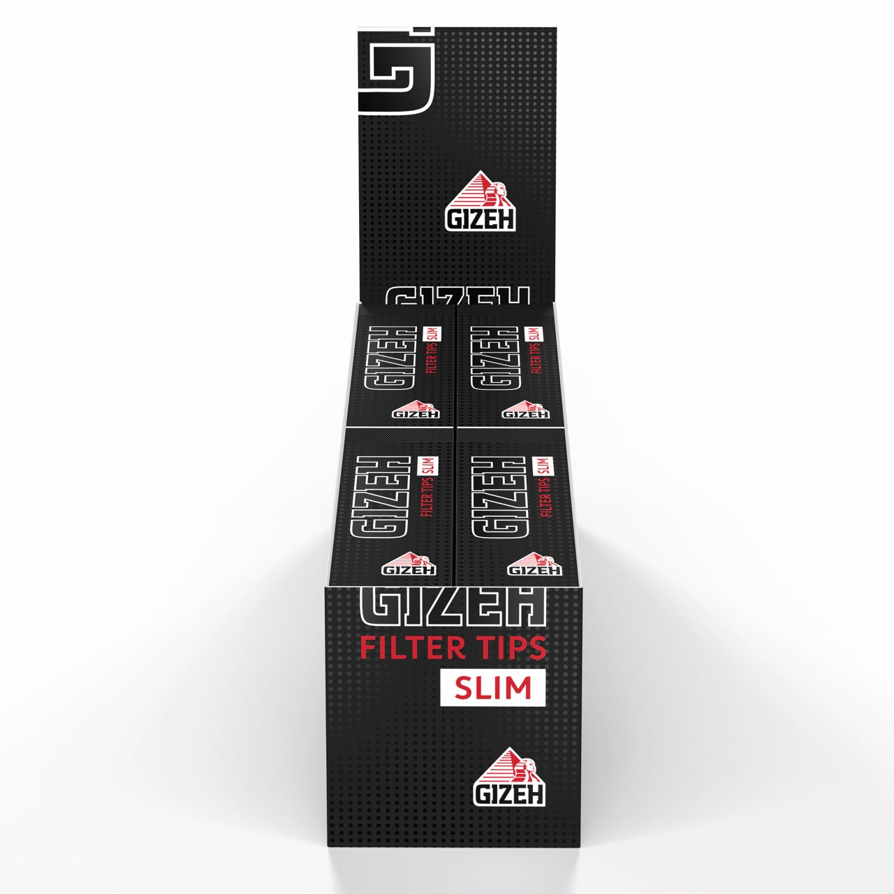 Karton mit 24 x 35er GIZEH Black Filter Tips Slim Packungen, frontal fotografiert