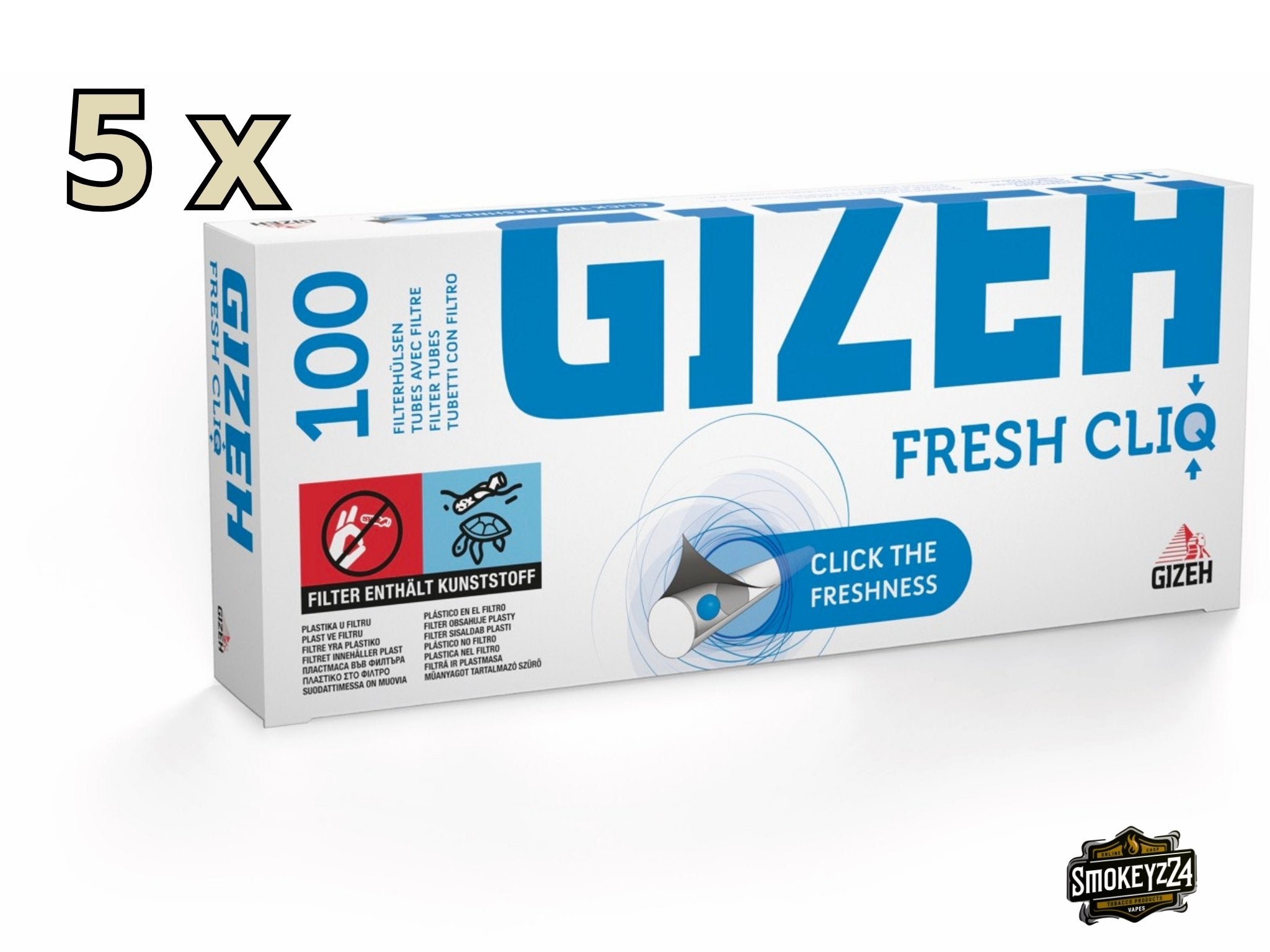 Gizeh Fresh Cliq Filterhülsen – Verpackung im 5er-Bundle leicht seitlich fotografiert