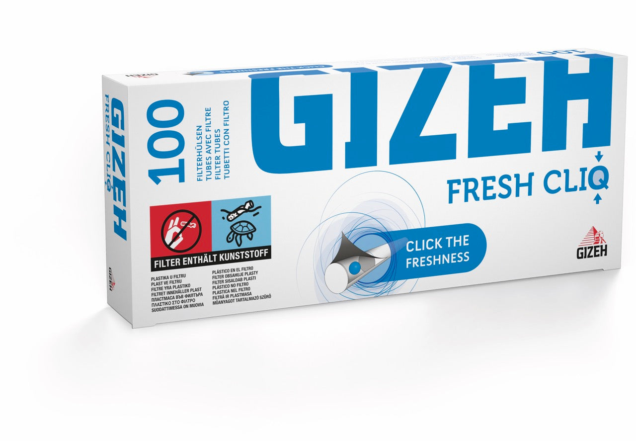 Gizeh Fresh Cliq Filterhülsen – Verpackung leicht seitlich fotografiert mit Hinweis auf Klickkapsel