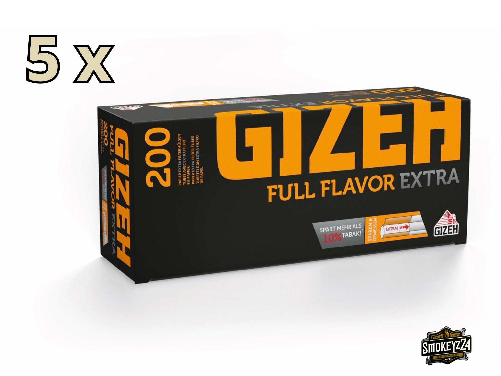 Gizeh Full Flavour Extra Hülsen – Verpackung im 5er Bundle, leicht seitlich dargestellt mit orangem und schwarzem Design