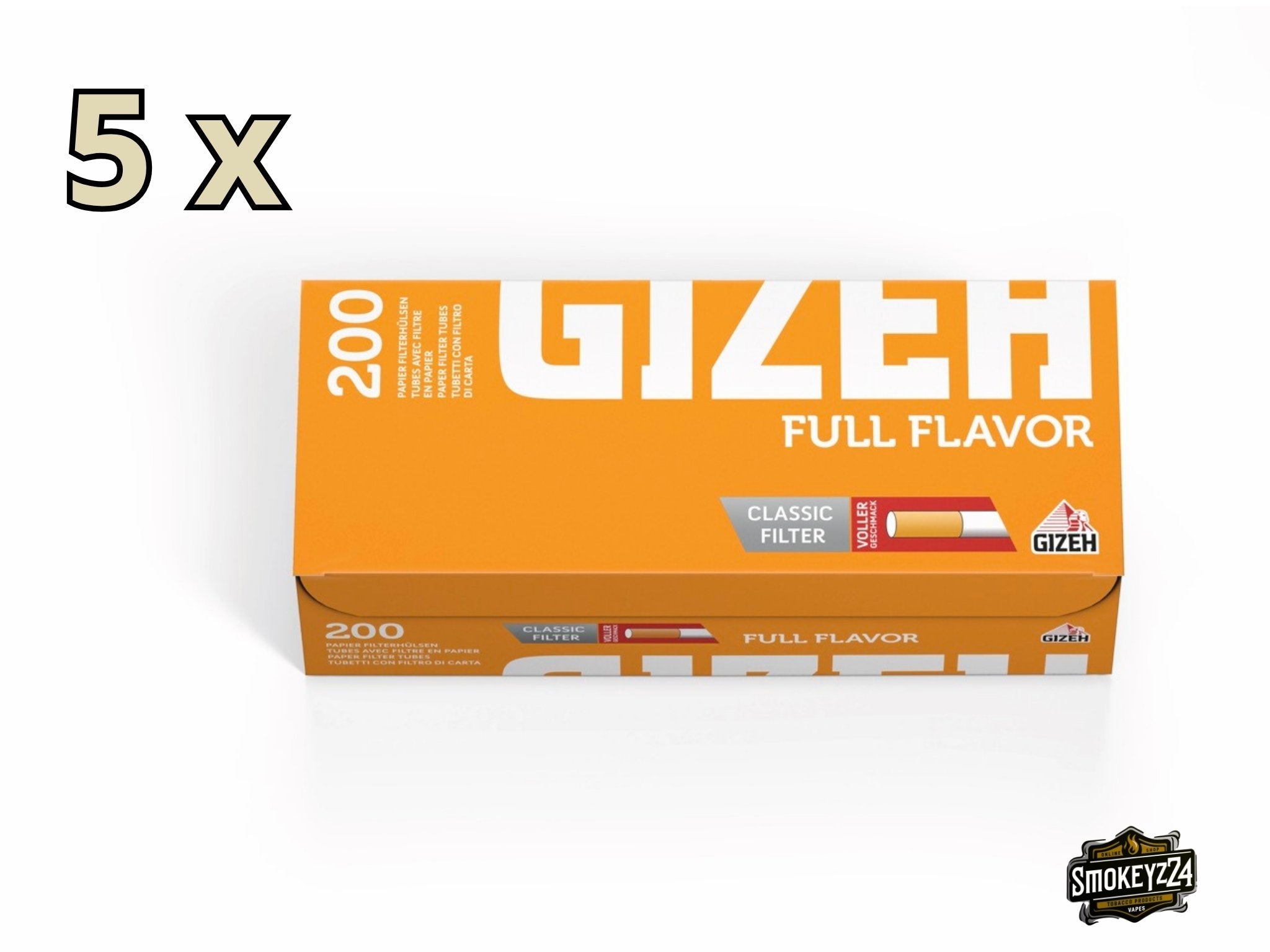 Gizeh Full Flavour Hülsen – Sparpaket mit 5x200 Filterhülsen in oranger Verpackung, frontal fotografiert