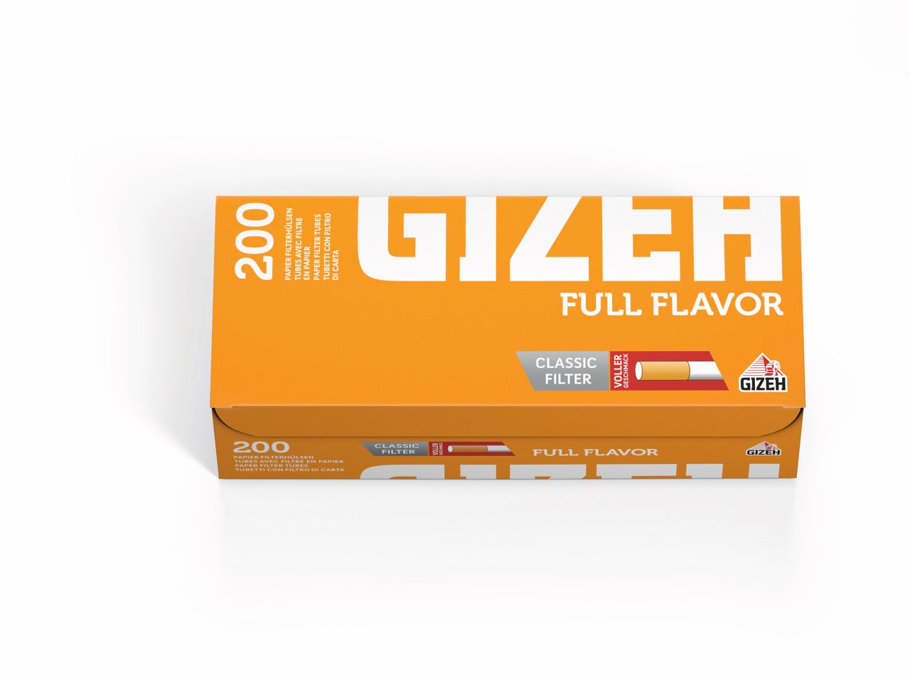 Gizeh Full Flavour Hülsen – 200 Filterhülsen in oranger Verpackung, frontal fotografiert