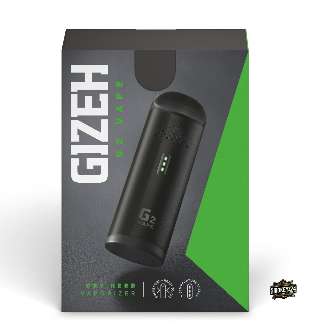 Verpackung des GIZEH G2 Vape Vaporizer mit Gerät auf dunklem Hintergrund