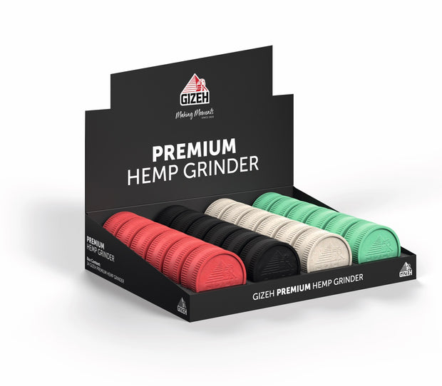 GIZEH Hemp Grinder 55mm – Verkaufsdisplay mit 24 Grindern in verschiedenen Farben