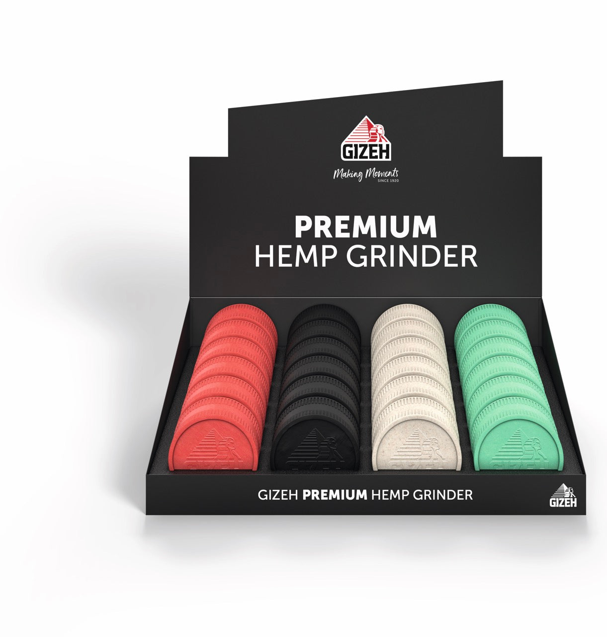 GIZEH Hemp Grinder – Verkaufsdisplay frontal mit verschiedenen Farben