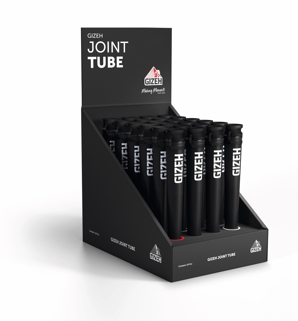 GIZEH Joint Tube 24er Karton – Seitenansicht mit geschlossenem Deckel und sichtbarem Branding