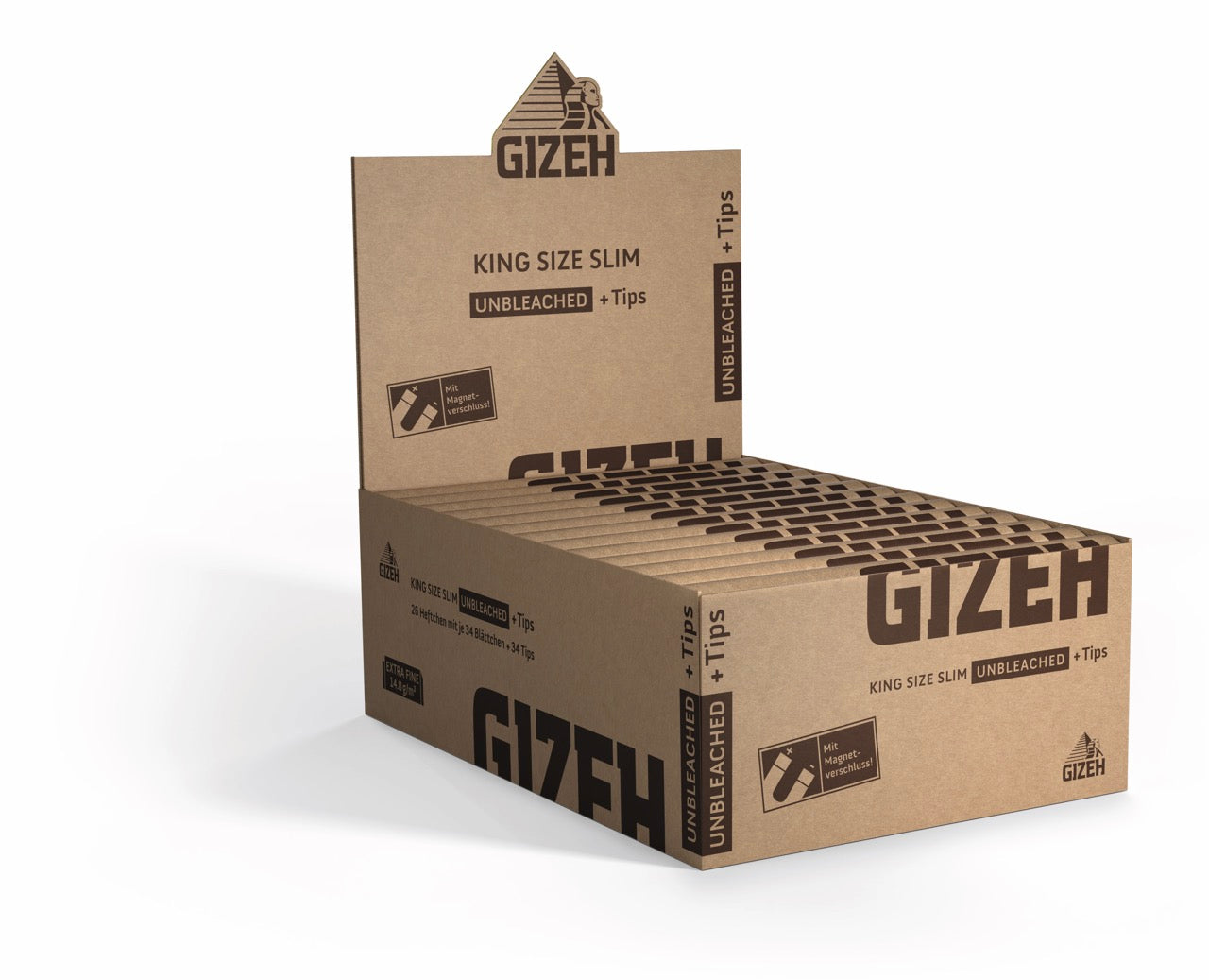 Karton mit 26 Packungen GIZEH Unbleached King Size Slim + Tips Blättchen, Vorrat, seitlich fotografiert