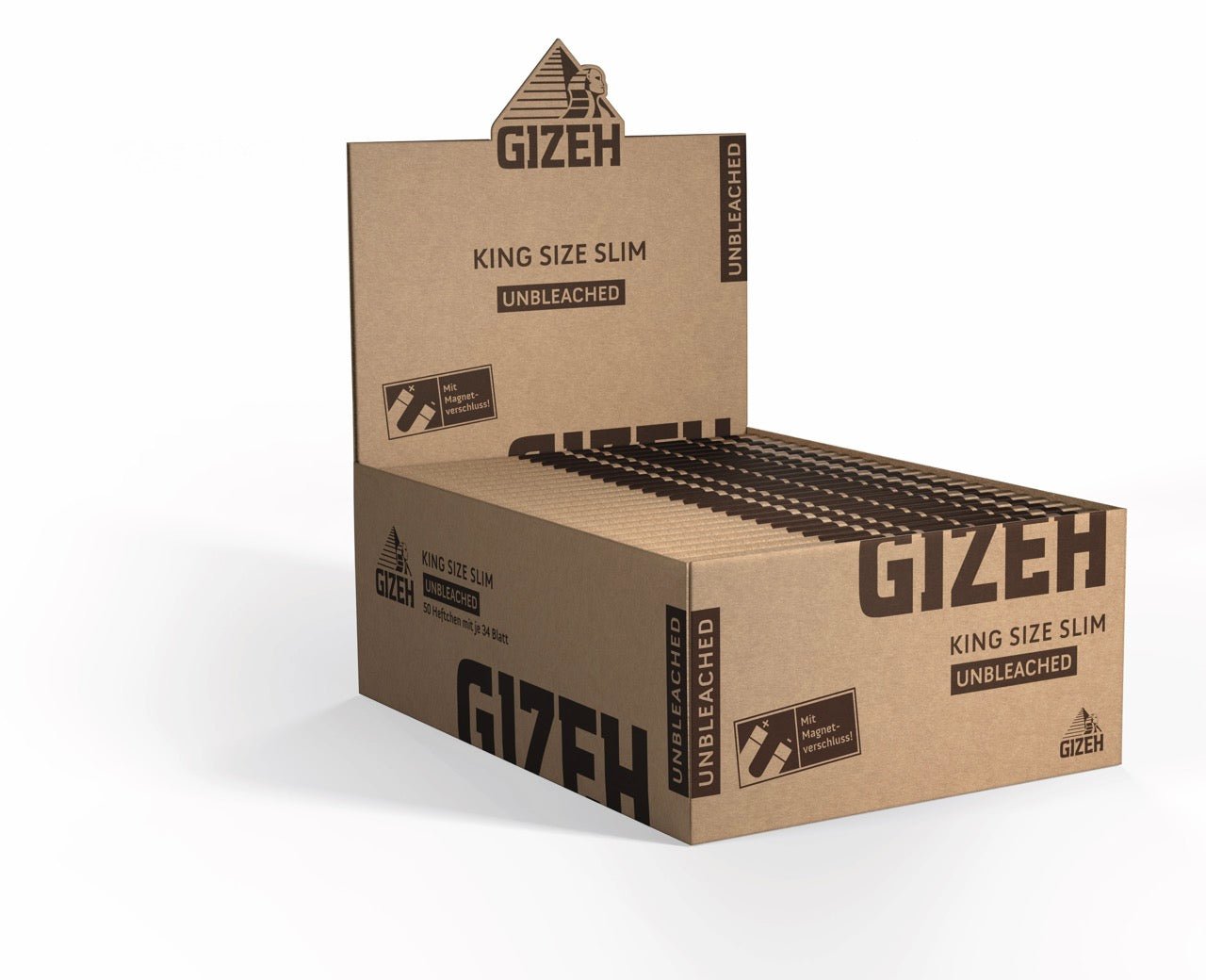 Karton mit 50 Packungen GIZEH Unbleached King Size Slim Blättchen, Vorrat, seitlich fotografiert