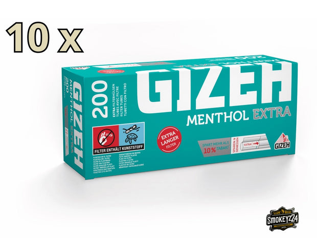 Gizeh Menthol Extra Filterhülsen – Großpackung mit 10 Einheiten à 200 Hülsen, leicht seitlich aufgenommen