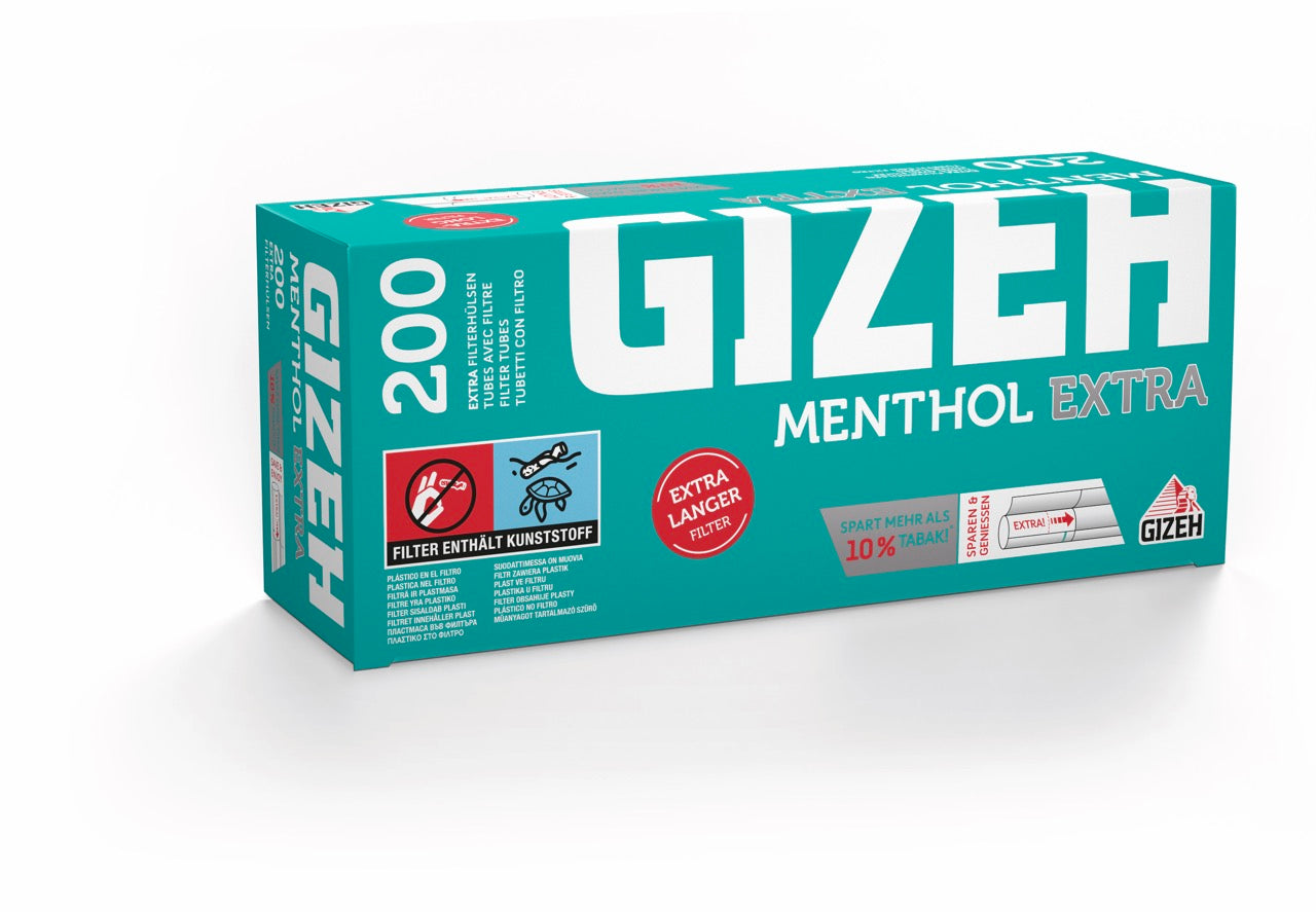 Gizeh Menthol Extra Filterhülsen – Verpackung leicht seitlich aufgenommen, 200 Stück Inhalt