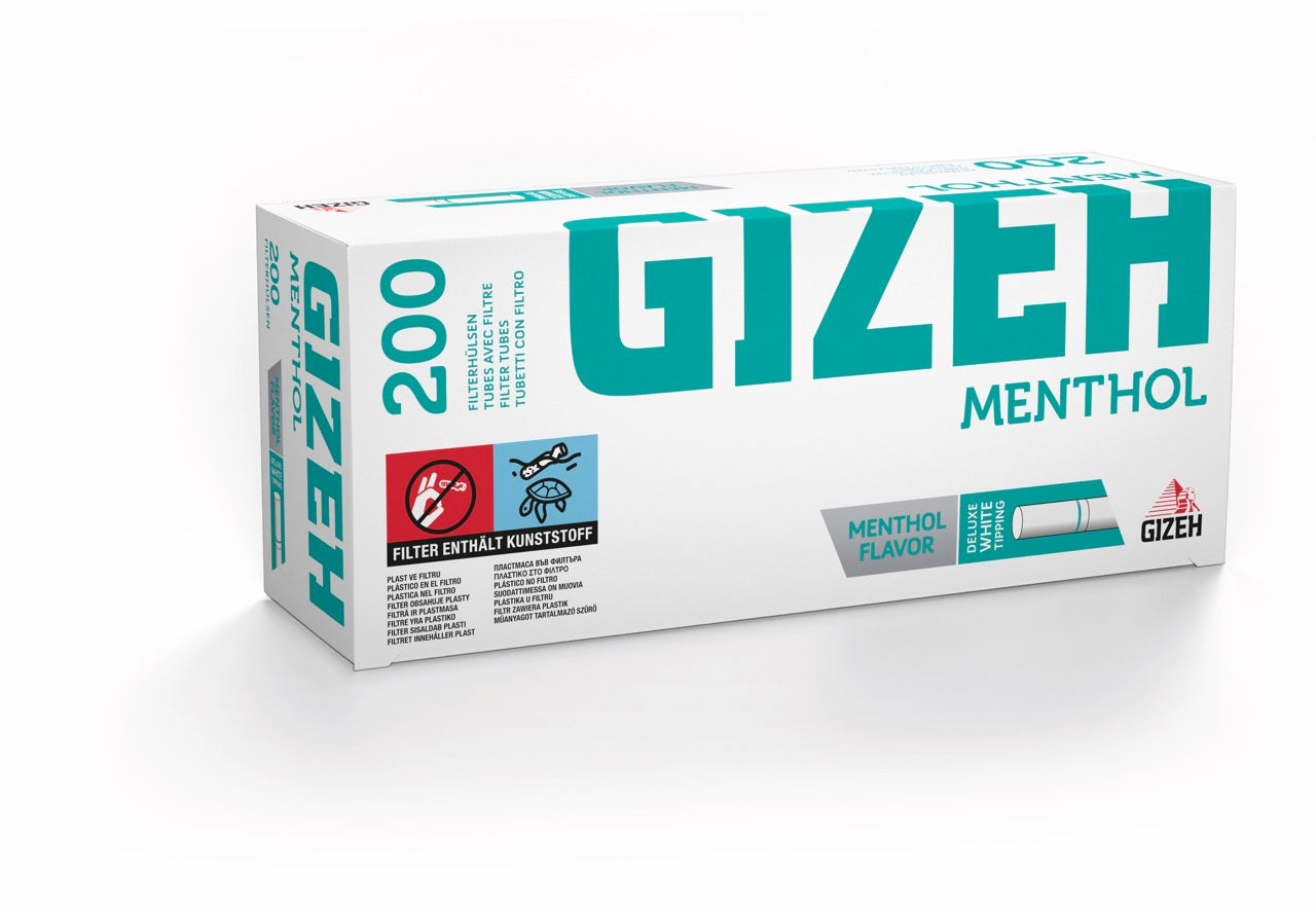 Gizeh Menthol Hülsen – leicht seitliche Ansicht der Packung mit grünem Design und Menthol-Aroma-Hinweis
