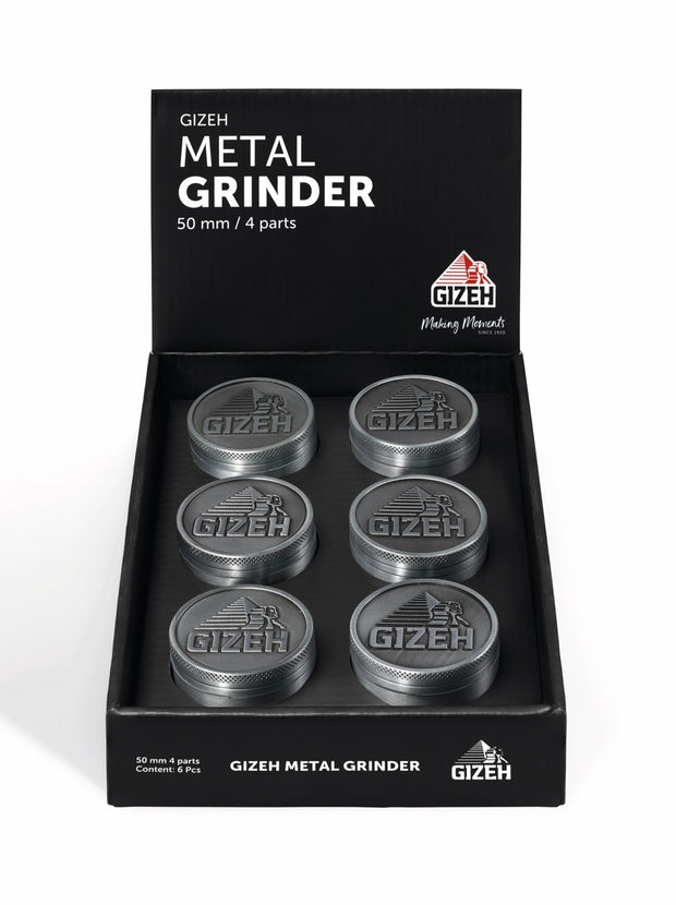 GIZEH Metall Grinder 50mm – 6er-Karton Verpackung von vorn mit sichtbarem Inhalt