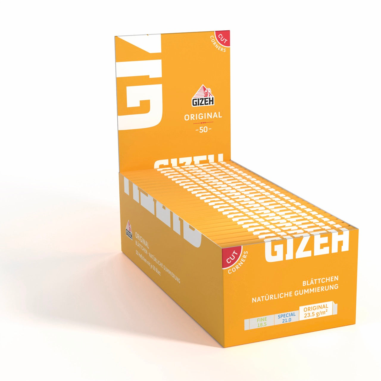 GIZEH Original Orange Blättchen 50x50 Blatt Karton seitlich fotografiert