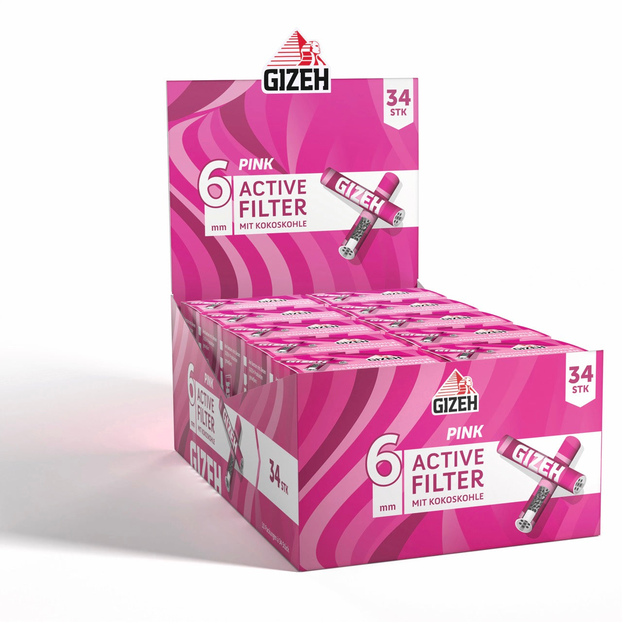 Karton mit 10 x 34er GIZEH All Pink Active Filter Packungen seitlich aufgenommen