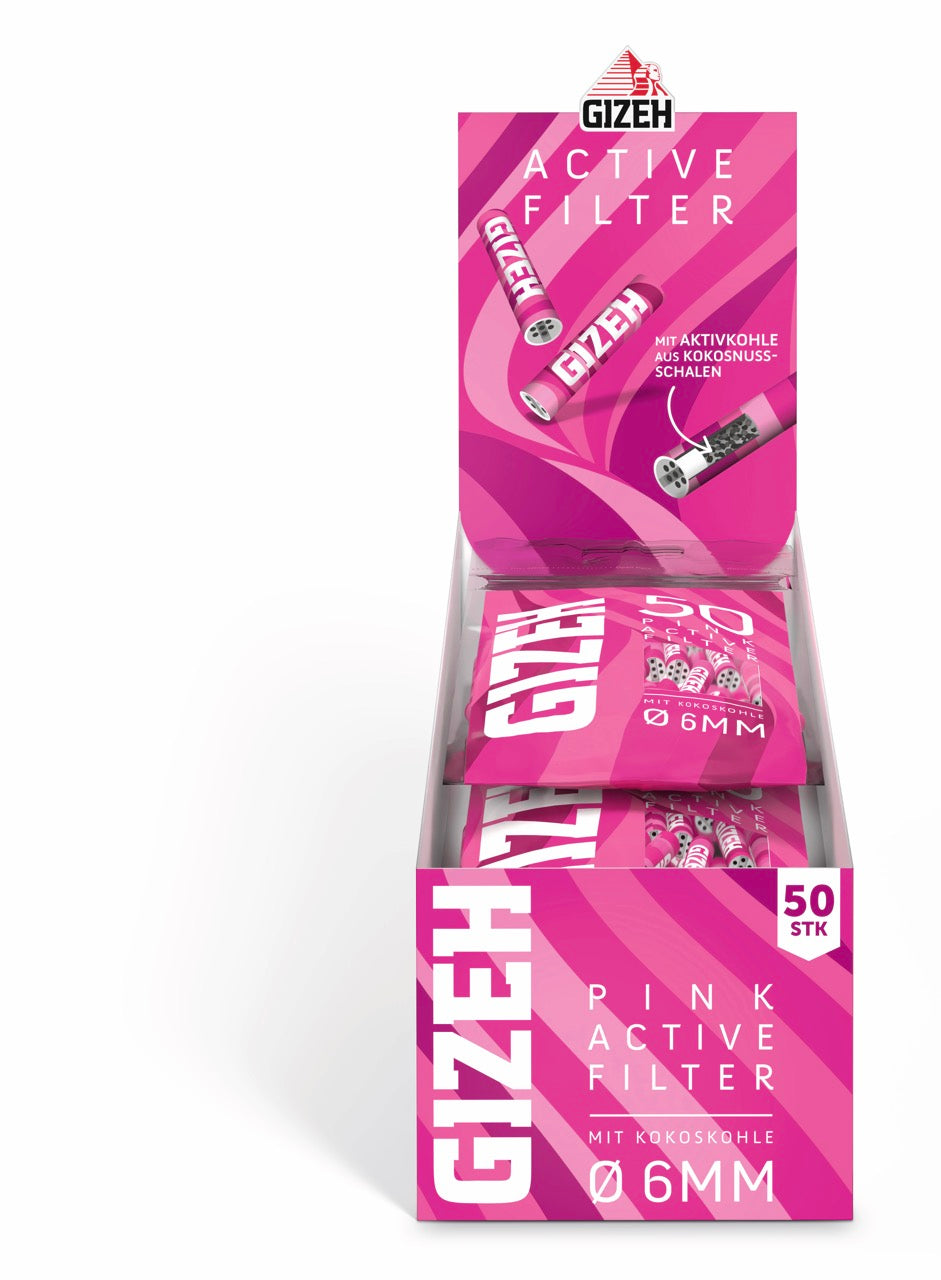 Karton mit 10 x 50er GIZEH Pink Active Filter Beuteln frontal fotografiert