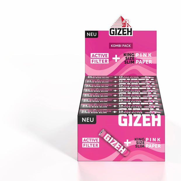 Karton mit 16 GIZEH Pink King Size Slim + Active Filter Kombipackungen, Sparpaket, frontal fotografiert