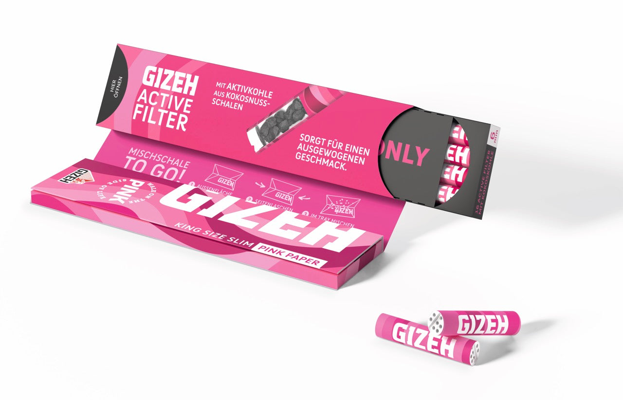 GIZEH Pink King Size Slim + Active Filter, geöffnete Packung mit sichtbarer Anleitung zur Mischschale