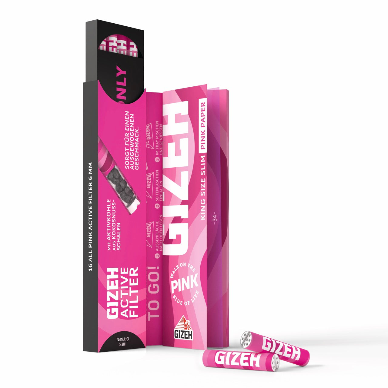 GIZEH Pink King Size Slim + Active Filter, 3-in-1 Kombipackung geöffnet, Blättchen und Filter sichtbar