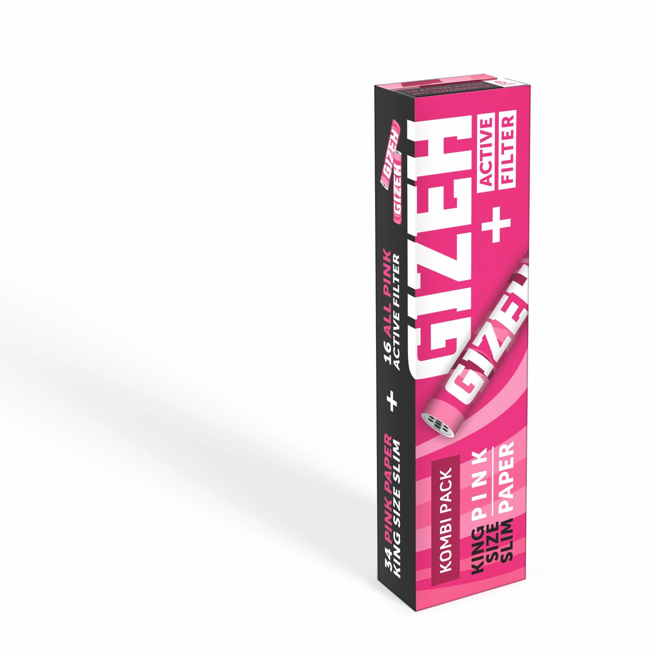 GIZEH Pink King Size Slim + Active Filter Packung, geschlossen, seitlich fotografiert