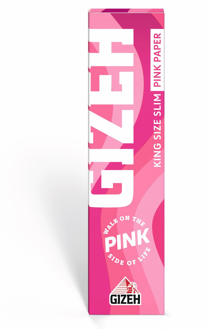 GIZEH All Pink King Size Slim Blättchen 34 Blatt Packung, pinkes Drehpapier, Magnetverschluss, frontal fotografiert