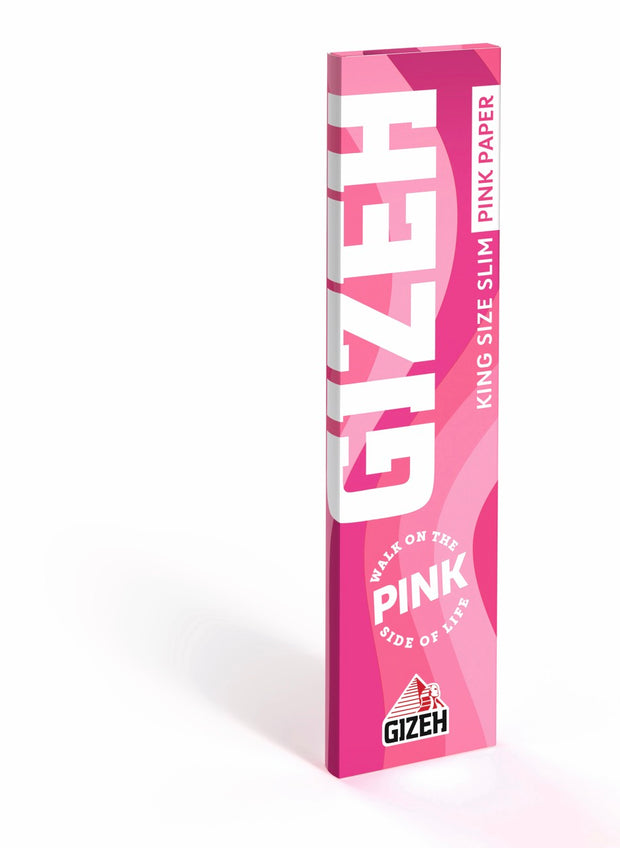 GIZEH All Pink King Size Slim Blättchen 34 Blatt Packung, stylisches pinkes Slow Burning Paper, seitlich fotografiert