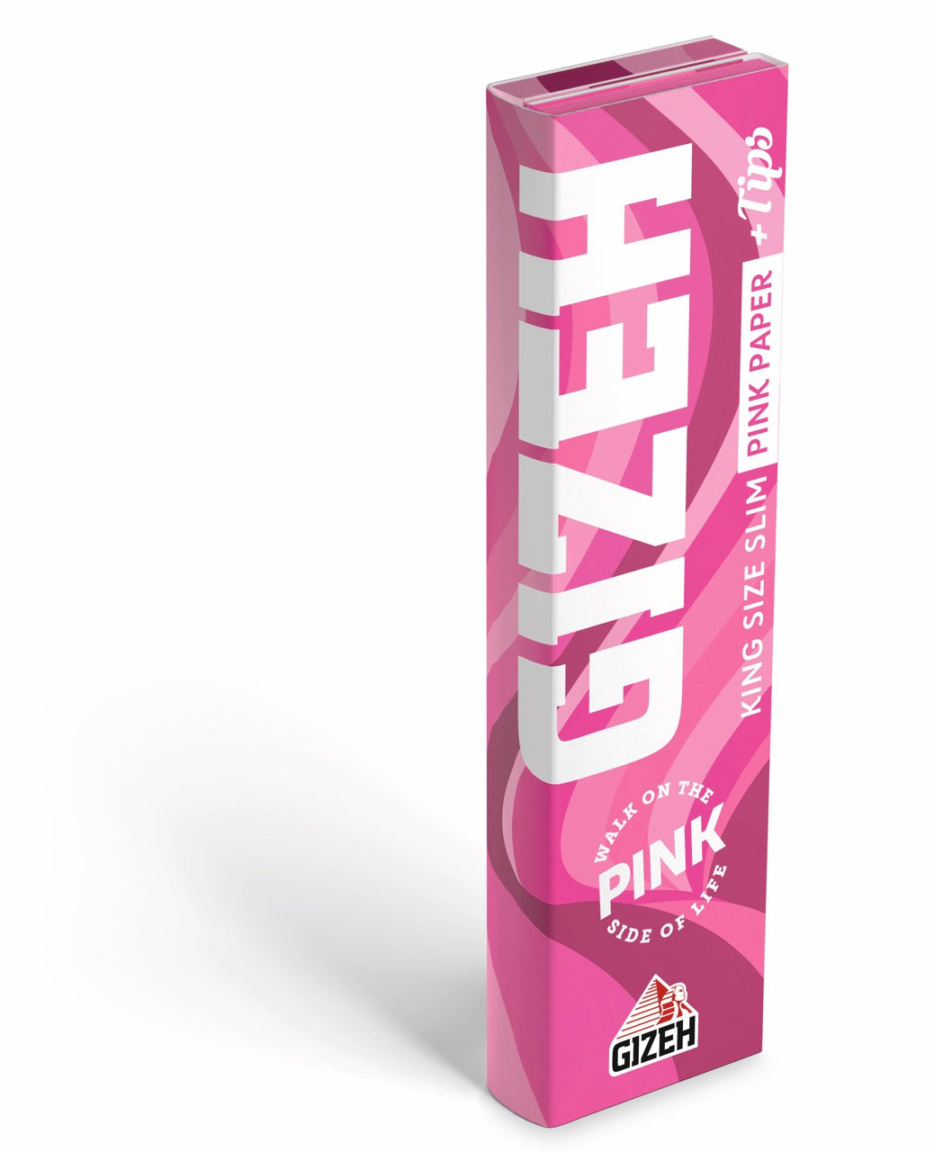GIZEH All Pink King Size Slim + Tips Blättchen 34 Blatt Packung, pinkes Drehpapier, seitlich fotografiert
