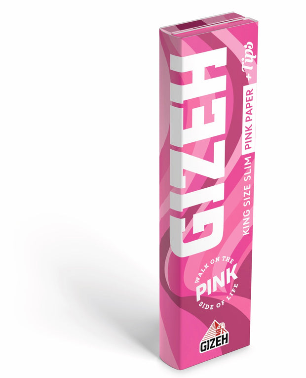 GIZEH All Pink King Size Slim + Tips Blättchen 34 Blatt Packung, pinkes Drehpapier, seitlich fotografiert