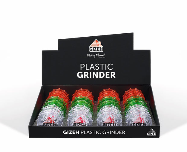 GIZEH Plastic Grinder – Karton mit 24 Grindern im Verkaufsdisplay, farblich sortiert