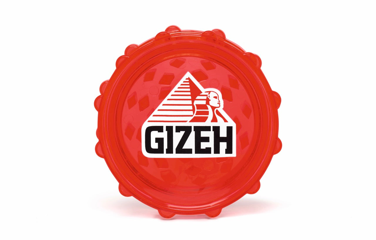GIZEH Plastic Grinder – Einzelansicht in Rot mit geprägtem Logo auf dem Deckel