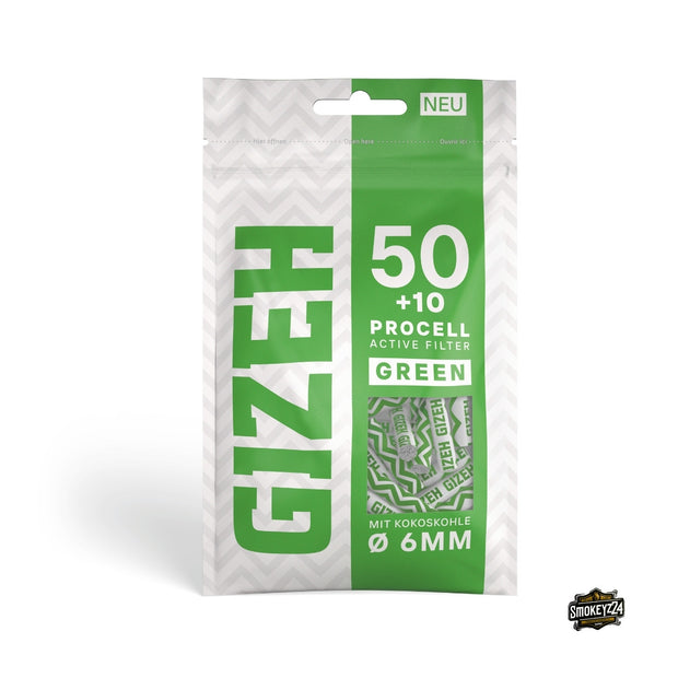 GIZEH Procell Active Filter 6mm Green - 50+10 Aktivkohlefilter im 60er Beutel