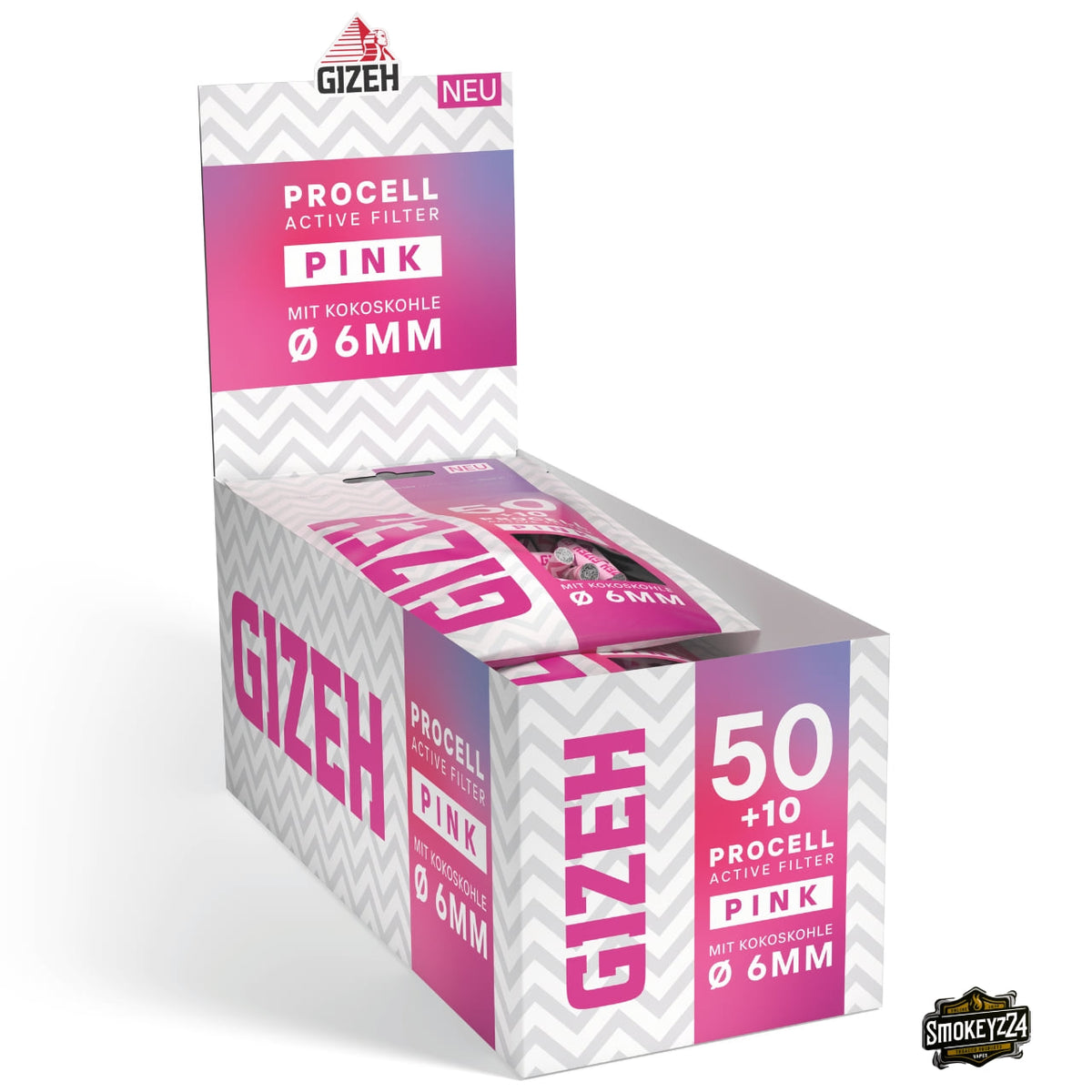 GIZEH ProCell Active Filter 6mm Pink - 10er Karton mit 60er Beuteln seitlich